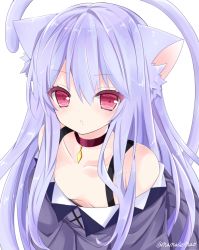 Rule 34 | 1girl, animal ears, bad id, bad pixiv id, bare shoulders, blush, breasts, cat ears, cat girl, cat tail, choker, collarbone, commentary request, downblouse, dress, hair between eyes, long hair, looking at viewer, nanase nao, off-shoulder dress, off shoulder, original, parted lips, pink eyes, purple choker, purple dress, purple hair, simple background, small breasts, solo, tail, twitter username, very long hair, white background