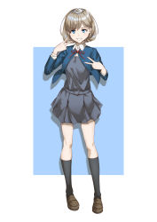 Rule 34 | 1girl, 20s, :d, absurdres, black socks, blue eyes, blue jacket, blush, bow, bowtie, brown footwear, collar, collared shirt, dress, full body, grey dress, grey hair, highres, jacket, kneehighs, long sleeves, looking at viewer, love live!, love live! superstar!!, mary janes, medium hair, open mouth, red bow, red bowtie, school uniform, senguyen1011, shirt, shoes, smile, socks, solo, standing, tang keke, teeth, v, white collar