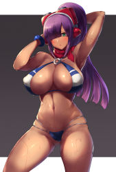 Rule 34 | absurdres, android, areola slip, arm up, armpits, ascot, bikini, blush, bracelet, breasts, dark-skinned female, dark skin, green eyes, hair over one eye, headband, highres, hime cut, huge breasts, jewelry, joints, large breasts, layer (mega man), long hair, mega man (series), mega man x (series), mega man x dive, mole, mole under eye, navel, nipple slip, nipples, purple hair, puru (ex-150), robot ears, robot joints, scarf, skindentation, solo, standing, swimsuit, thick thighs, thighs, wet