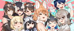 Rule 34 | 6+girls, animal ears, antelope ears, antelope horns, aqua eyes, australian devil (kemono friends), bare shoulders, behind another, black hair, blackbuck (kemono friends), blonde hair, blowhole, blue hair, bow, bowtie, brown eyes, brown hair, burikarun, captain (kemono friends), commentary request, common dolphin (kemono friends), common raccoon (kemono friends), d:, detached sleeves, dhole, dog ears, dorsal fin, extra ears, eyepatch, eyes visible through hair, fennec (kemono friends), fins, fist pump, fox ears, furrowed brow, glasses, gloves, grey hair, hair between eyes, hair over one eye, half-closed eyes, head fins, highres, holding, holding clothes, kemono friends, kemono friends 3, lipstick, long hair, looking at another, looking at viewer, makeup, medical eyepatch, medium hair, meerkat (kemono friends), meerkat ears, multicolored hair, multiple girls, one eye covered, open mouth, own hands together, parted bangs, pinky out, purple lips, raccoon ears, red eyes, shirt, sidelocks, sleeveless, sleeveless shirt, sweatdrop, sweater, swept bangs, tasmanian devil (kemono friends), tasmanian devil ears, tearing up, two-tone hair, upper body, v-shaped eyebrows