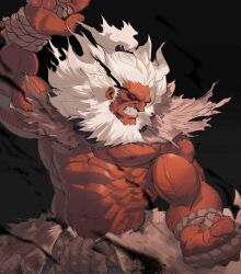 Rule 34 | 1boy, absurdres, akuma (street fighter), beard, black background, black sclera, caprara, clenched teeth, colored sclera, facial hair, glowing, glowing eyes, highres, male focus, muscular, muscular male, ponytail, red eyes, rope, street fighter, street fighter 6, teeth, topless male, white hair