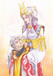 Rule 34 | absurdres, age difference, closed eyes, freyjadour falenas, gensou suikoden, gensou suikoden v, goodsign, hair ornament, highres, holding, long hair, long sleeves, mother and son, prince, queen, smile, white hair