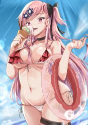 Rule 34 | 1girl, alternate costume, bare arms, bare shoulders, beach, bikini, blue sky, blush, bow, braid, breasts, cleavage, cloud, day, eating, food, frilled bikini, frills, front-tie bikini top, front-tie top, girls&#039; frontline, groin, hair between eyes, hair bow, hair ornament, hairclip, hakuya (white night), hexagram, holding, holding food, holding swim ring, ice cream, ice cream cone, innertube, licking, light rays, long hair, looking at viewer, micro bikini, navel, negev (girls&#039; frontline), outdoors, pink hair, playing with hair, red bow, red eyes, ribbon, side-tie bikini bottom, side braid, skindentation, sky, smile, solo, star of david, stomach, sunlight, swim ring, swimsuit, thigh strap, thighs, tongue, tongue out