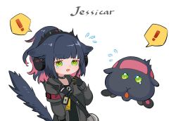Rule 34 | !, ..., 1girl, ^^^, animal, animal ears, arknights, black gloves, black jacket, blue hair, car, cat, cat ears, cat girl, cat tail, chibi, collar, commentary, english commentary, gloves, green eyes, hand up, headphones, id card, implied extra ears, jacket, jessica (arknights), long hair, motor vehicle, open mouth, pink hair, ponytail, pui pui molcar, simple background, solo, spacelongcat, spoken ellipsis, spoken exclamation mark, tail, tears, upper body, white background