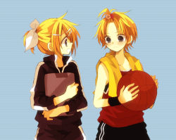 Rule 34 | 1boy, 1girl, anzu (o6v6o), ball, basketball, basketball (object), blonde hair, blush, brother and sister, commentary request, kagamine len, kagamine rin, short hair, siblings, simple background, smile, twins, vocaloid
