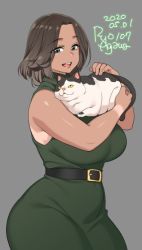 Rule 34 | 1girl, 2020, agawa ryou, animal, artist name, belly, belt, breasts, brown hair, cat, commentary, dark-skinned female, dark skin, dated, dress, green dress, green eyes, grey background, holding, holding animal, holding cat, huge breasts, large breasts, looking at viewer, original, plump, round teeth, short hair, signature, simple background, smile, solo, tan, tanline, teeth, thick thighs, thighs