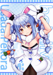 Rule 34 | 1girl, :3, absurdres, animal ear fluff, animal ears, armband, armpits, arms up, bare shoulders, black gloves, black leotard, blue background, blue hair, blue ribbon, blush, bow, braid, breasts, carrot, carrot hair ornament, character name, cleavage, closed mouth, coat, commentary request, copyright name, cowboy shot, creature, don-chan (usada pekora), eyebrows, eyes visible through hair, food-themed hair ornament, fur-trimmed coat, fur-trimmed gloves, fur trim, gloves, hair ornament, halftone, halftone background, hand on own ear, highres, hololive, legs together, leotard, long hair, looking at viewer, medium breasts, mikannsisyou, multicolored hair, orange eyes, pantyhose, playboy bunny, pom pom (clothes), rabbit, rabbit ears, rabbit girl, rabbit pose, ribbon, smile, solo, solo focus, symbol in eye, translated, twin braids, twintails, two-tone background, two-tone hair, usada pekora, usada pekora (1st costume), very long hair, virtual youtuber, white bow, white coat, white fur, white hair