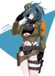 Rule 34 | 1girl, belt, beret, black gloves, blue eyes, blue hair, breasts, character name, earrings, eyepatch, gloves, hasuda kunkun, hat, highres, holster, jewelry, leona heidern, military, navel, patch, ponytail, salute, snk, snk heroines: tag team frenzy, soldier, solo, standing, strap, the king of fighters, thighs, thong, underboob