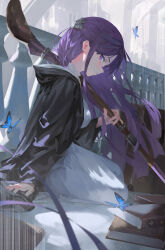 Rule 34 | 1girl, absurdres, black coat, book, breasts, bug, butterfly, coat, darr1o, dress, fern (sousou no frieren), highres, insect, long hair, long sleeves, purple eyes, purple hair, sidelocks, solo, sousou no frieren, staff, white dress