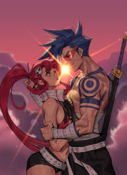 Rule 34 | 1boy, 1girl, absurdres, bandages, bandaged arm, bandages, bikini, bikini top only, black shorts, closed mouth, eye contact, from side, glasses, hair ornament, highres, junq jeon, kamina (ttgl), lips, long hair, looking at another, parted lips, ponytail, red hair, scarf, sheath, sheathed, topless male, short shorts, shorts, skull hair ornament, swimsuit, sword, tattoo, tengen toppa gurren lagann, weapon, yoko littner