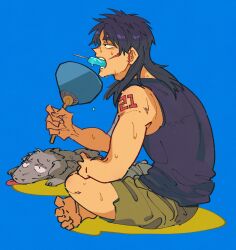 Rule 34 | 1boy, arm tattoo, barefoot, black shirt, blue background, brown shorts, commentary request, dog, facial scar, fanning self, food in mouth, full body, hand fan, highres, hot, inudori, itou kaiji, kaiji, long hair, male focus, medium bangs, number tattoo, open mouth, popsicle, popsicle in mouth, profile, scar, scar on cheek, scar on ear, scar on face, shirt, shorts, simple background, sitting, sleeveless, sleeveless shirt, solo, tattoo, teeth