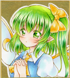 Rule 34 | 1girl, blue vest, blush, bow, collared shirt, commentary request, daiyousei, fairy wings, graphite (medium), green eyes, green hair, hair between eyes, hair bow, highres, looking at viewer, marker (medium), neckerchief, nekofish666, one side up, open mouth, own hands together, pointy ears, portrait, puffy sleeves, shirt, solo, touhou, traditional media, vest, white shirt, wings, yellow bow, yellow neckerchief