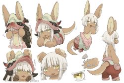 Rule 34 | 1girl, animal ears, arrow (projectile), bad id, bad twitter id, blush, commentary, covering face, embarrassed, furry, furry female, hand on own chin, hands on own cheeks, hands on own face, helmet, horns, kawasemi27, looking at viewer, looking down, lying, made in abyss, medium hair, motion lines, nanachi (made in abyss), on stomach, open mouth, pants, sidelocks, simple background, solo, spread legs, standing, tagme, tail, tail wagging, topless, translation request, whiskers, white background