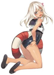Rule 34 | 10s, 1girl, ass, blonde hair, brown eyes, crop top, flower, from behind, full body, hair flower, hair ornament, highres, kantai collection, kneeling, lifebuoy, long hair, one-piece tan, open mouth, ro-500 (kancolle), sailor collar, sandals, school swimsuit, slippers, solo, swim ring, swimsuit, swimsuit under clothes, tan, tanline, tiamat (momokuri mannen)
