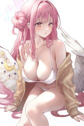 Rule 34 | 1girl, absurdres, at congju, bikini, blue archive, breasts, cleavage, hair bun, halo, hashtag-only commentary, highres, large breasts, long hair, mika (blue archive), open clothes, pink eyes, pink hair, pink halo, pink nails, simple background, sitting, solo, sweater, swimsuit, white background, white bikini, wings