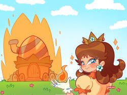Rule 34 | 1girl, blue eyes, brown hair, burning, burning building, cloud, crown, dress, earrings, eyelashes, fire, fire daisy, flower earrings, freckles, frilled gloves, frills, gloves, grass, highres, house, jewelry, looking at viewer, looking back, manysart1, mario (series), nintendo, princess daisy, smile, sparkle, super mario bros. wonder, white gloves, yellow dress