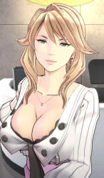Rule 34 | 1girl, 3d, ai: the somnium files, blonde hair, blouse, blue eyes, breasts, cleavage, enshu ritsuko, jewelry, kozaki yuusuke, large breasts, necklace, necktie, office lady, official art, shirt, smile, solo, upper body, white shirt