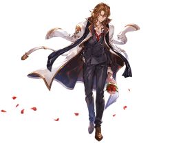 Rule 34 | 10s, 1boy, alpha transparency, brown hair, double-breasted, formal, full body, gloves, granblue fantasy, hand in pocket, jacket, jacket on shoulders, jewelry, long hair, male focus, minaba hideo, necklace, official art, petals, rose petals, siegfried (granblue fantasy), smile, solo, suit, the dragon knights, transparent background, walking, white gloves, white jacket