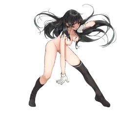 Rule 34 | 1girl, asymmetrical legwear, black hair, breasts, full body, gloves, hair ribbon, hanging breasts, isokaze (kancolle), isokaze kai (kancolle), kantai collection, long hair, long sleeves, medium breasts, nipples, nude, nude filter, parsley-f, red eyes, ribbon, single thighhigh, solo, spread legs, thighhighs, third-party edit, transparent background, uneven legwear, white gloves