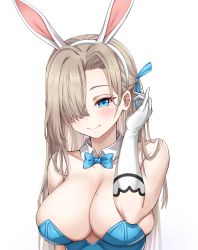 Rule 34 | 1girl, animal ears, asuna (blue archive), asuna (bunny) (blue archive), bare shoulders, blue archive, blue bow, blue bowtie, blue eyes, blue leotard, blue ribbon, blush, bow, bowtie, breasts, brown hair, cleavage, closed mouth, collarbone, detached collar, dr (slrkwhdma12), fake animal ears, gloves, hair over one eye, hair ribbon, highres, large breasts, leotard, long hair, looking at viewer, mole, mole on breast, playboy bunny, rabbit ears, ribbon, smile, solo, upper body, white gloves