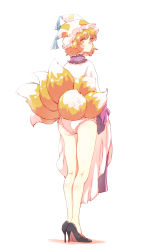 Rule 34 | 1girl, ass, bad id, bad pixiv id, blonde hair, fox tail, from behind, hat, highres, legs, looking at viewer, looking back, multiple tails, non (z-art), panties, short hair, simple background, solo, standing, tail, touhou, underwear, white background, white panties, yakumo ran, yellow eyes