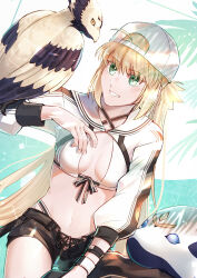 Rule 34 | 1girl, absurdres, animal on arm, artoria caster (fate), artoria caster (swimsuit) (fate), artoria caster (swimsuit) (first ascension) (fate), bikini, bikini under clothes, bird, bird on arm, black shorts, blonde hair, breasts, cleavage, criss-cross halter, fate/grand order, fate (series), green eyes, grin, hair between eyes, halterneck, highres, long hair, long sleeves, sailor collar, short shorts, shorts, shrug (clothing), sitting, small breasts, smile, solo, swimsuit, very long hair, white bikini, white headwear, white sailor collar, wristband, yamano udumi