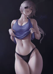 Rule 34 | 1girl, black panties, bootybear, breasts, chainsaw man, clothes lift, cowboy shot, eyepatch, gluteal fold, grey hair, highres, large breasts, lifted by self, lips, long hair, looking at viewer, mouth hold, navel, panties, ponytail, quanxi (chainsaw man), shirt lift, signature, smoking, solo, tank top, underwear
