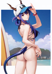Rule 34 | 1girl, absurdres, adjusting clothes, adjusting headwear, arknights, ass, ball, bare arms, bare shoulders, baseball cap, beachball, bikini, blue hair, blue sky, breasts, ch&#039;en (arknights), ch'en (arknights), character name, chinese commentary, commentary request, cowboy shot, day, dragon horns, dragon tail, eyulam, female tourist c (arknights), hand up, hat, highres, horns, horns through headwear, long hair, medium breasts, official alternate costume, shadow, sky, solo, standing, surfboard, swimsuit, tail, thighs, white hat