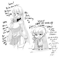 Rule 34 | 1girl, = =, blunt bangs, blush, breasts, chibi, chibi inset, commentary, crying, cupcake, dan kim, dual persona, embarrassed, english commentary, english text, food, greyscale, highres, large breasts, long hair, looking at viewer, monochrome, narrow waist, original, pleated skirt, skirt, solo focus, sweater, thighhighs, very long hair, zettai ryouiki