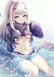 Rule 34 | 1girl, absurdres, bikini, black bikini, black jacket, breasts, cropped jacket, dragon wings, essan0905, fate/grand order, fate (series), forked eyebrows, high ponytail, highres, jacket, jewelry, long hair, long sleeves, looking at viewer, mask, mask pull, melusine (fate), melusine (swimsuit ruler) (fate), melusine (swimsuit ruler) (first ascension) (fate), mouth mask, navel, neck ring, shore, shrug (clothing), sidelocks, small breasts, solo, swimsuit, tail, thighlet, thighs, wet, white hair, wings, yellow eyes