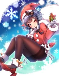 Rule 34 | 1girl, absurdres, anchor necklace, ass, black hair, black pantyhose, blush, boots, box, brown eyes, capelet, commentary request, dress, fur-trimmed boots, fur-trimmed headwear, fur trim, gift, gift box, gloves, hat, highres, holding, holding gift, jewelry, kantai collection, long sleeves, looking at viewer, necklace, one eye closed, panties, panties under pantyhose, pantyhose, red dress, rudder footwear, sack, santa costume, santa hat, short hair, short hair with long locks, smile, solo, thighband pantyhose, tokitsukaze (kancolle), tongue, tongue out, underwear, yufukiri
