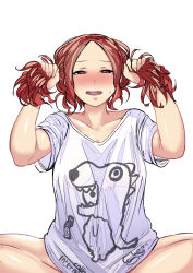 Rule 34 | 1girl, bbb577, blush, breasts, chinese commentary, commentary request, highres, holding, holding hair, indian style, large breasts, no pants, open mouth, original, red eyes, red hair, shirt, sitting, solo, sweatdrop, t-shirt