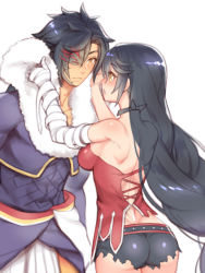 Rule 34 | 1boy, 1girl, ass, backless outfit, bad id, bad pixiv id, bandaged arm, bandages, black hair, blush, breasts, butt crack, closed mouth, couple, cowboy shot, eye contact, facial mark, folks (nabokof), grey shorts, hair over one eye, holding, holding towel, long hair, looking at another, medium breasts, micro shorts, open mouth, parted lips, rokurou rangetsu, shiny skin, shorts, shoulder blades, sideboob, simple background, sleeveless, tales of (series), tales of berseria, towel, velvet crowe, very long hair, white background, white towel, yellow eyes