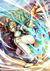 Rule 34 | 1girl, armor, athena (p&amp;d), bad id, bad pixiv id, dress, green hair, helmet, long hair, polearm, puuzaki puuna, puzzle &amp; dragons, red eyes, shield, solo, spear, vambraces, weapon