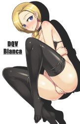 Rule 34 | 1girl, bare shoulders, between legs, bianca (dq5), black thighhighs, blonde hair, blue eyes, blush, braid, character name, choker, copyright name, darabuchi, dragon quest, dragon quest v, earrings, hand between legs, jewelry, long hair, no panties, simple background, single braid, solo, thighhighs, white background
