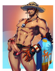 Rule 34 | 1boy, abs, absurdres, bara, beach, blonde hair, body hair, cassidy (overwatch), cigar, erection, facial hair, hat, highres, lvlv, male focus, muscular, naughty face, nipples, overwatch, overwatch 1, pectorals, penis, presenting, smile, smoking, solo, summer, towel, undressing