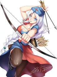 Rule 34 | 1girl, absurdres, arrow (projectile), black thighhighs, blue eyes, blush, bow (weapon), breasts, cleavage, collarbone, dated, highres, holding, holding bow (weapon), holding weapon, large breasts, looking at viewer, open mouth, signature, silver hair, simple background, smile, solo, thighhighs, touhou, weapon, white background, x-boy, yagokoro eirin