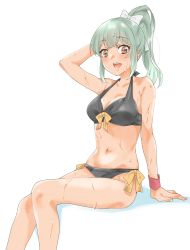 Rule 34 | 1girl, absurdres, bikini, black bikini, breasts, brown eyes, cleavage, feet out of frame, front-tie top, grey hair, highres, invisible chair, kantai collection, long hair, looking at viewer, maonatten, medium breasts, official alternate costume, pink wristband, side-tie bikini bottom, simple background, sitting, solo, swimsuit, white background, wristband, yuubari (kancolle), yuubari kai ni (kancolle)