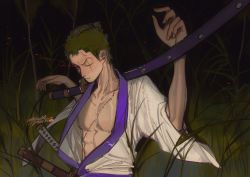 Rule 34 | 1boy, akihare, grasslands, green hair, hands up, highres, holding, holding sword, holding weapon, japanese clothes, male focus, night, one eye closed, one piece, outdoors, plant, roronoa zoro, scar, scar across eye, scar on face, sheath, sheathed, signature, solo, sword, topknot, weapon