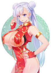 Rule 34 | 1girl, alternate costume, armlet, azur lane, bare shoulders, belfast (azur lane), braid, breast curtains, breasts, chain, china dress, chinese clothes, collar, commentary, covered erect nipples, covered navel, double bun, dress, fingerless gloves, firm breasts, floral print, gloves, hair bun, hand up, highres, huge breasts, large breasts, long hair, looking at viewer, nipple piercing, nipple slip, nipples, open mouth, pelvic curtain, piercing, piercing through clothes, purple eyes, red dress, red gloves, side slit, silver hair, simple background, sleeveless, sleeveless dress, smile, solo, supurai, thighs, twintails, very long hair