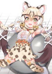 Rule 34 | 1girl, absurdres, animal costume, animal ear fluff, animal ears, bow, bowtie, cat ears, cat girl, darus5, geoffroy&#039;s cat (kemono friends), grey hair, highres, kemono friends, kemono friends v project, kneehighs, long hair, looking at viewer, microphone, multicolored hair, open mouth, ribbon, shirt, simple background, skirt, socks, solo, suspenders, twintails, virtual youtuber, yellow eyes