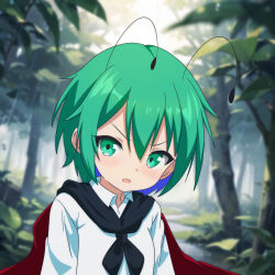 Rule 34 | 1girl, antennae, cape, cato (monocatienus), collared shirt, green eyes, green hair, highres, leaf, looking at viewer, nature, open mouth, shirt, short hair, solo, touhou, tree, upper body, v-shaped eyebrows, white shirt, wriggle nightbug