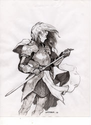 Rule 34 | 1girl, absurdres, armor, breastplate, chainmail, closed mouth, commentary, earrings, english commentary, floating hair, full armor, gauntlets, greaves, greyscale, highres, holding, holding sword, holding weapon, ink (medium), inktober, jewelry, long hair, looking away, mail, manuel castanon, monochrome, original, pauldrons, pelvic curtain, sash, scan, sheathing, shoulder armor, simple background, solo, standing, sword, traditional media, weapon, white background