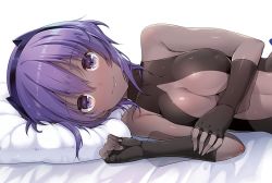 Rule 34 | 1girl, akahito, blush, breasts, cleavage, dark skin, dark-skinned female, fate/grand order, fate/prototype, fate/prototype: fragments of blue and silver, fate (series), hassan of serenity (fate), lying, medium breasts, on side, pillow, purple eyes, purple hair, short hair, smile, solo, white background