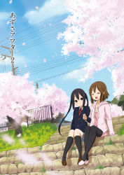 Rule 34 | 2girls, bad id, bad pixiv id, black hair, black legwear, blush, brown eyes, brown hair, casual, cherry blossoms, closed eyes, holding hands, hirasawa yui, hood, hoodie, k-on!, pantyhose under shorts, long hair, multiple girls, nakano azusa, official style, open mouth, pantyhose, ponytail, power lines, ragho no erika, scenery, school uniform, short hair, shorts, sitting, sitting on stairs, smile, stairs, tree, twintails