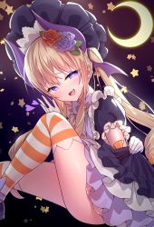Rule 34 | 1girl, :d, bettle (b s a n), black hat, blonde hair, clothes lift, crescent moon, flower, hair flower, hair ornament, hat, heart, highres, horns, lifted by self, moon, open mouth, orange thighhighs, puffy short sleeves, puffy sleeves, purple eyes, re:act, short sleeves, sitting, skirt, skirt lift, smile, solo, star (symbol), striped clothes, striped thighhighs, symbol-shaped pupils, thighhighs, tsukushi aria, virtual youtuber