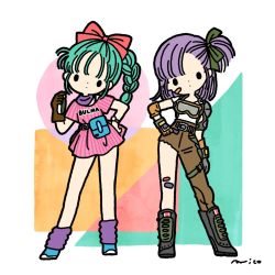 Rule 34 | 2girls, aqua hair, arm at side, asymmetrical clothes, bandaid, bandaid on cheek, bandaid on face, bandaid on knee, bandaid on leg, belt, black outline, black ribbon, blue footwear, boots, braid, braided ponytail, brown belt, brown gloves, bulma, character name, circle, clenched hand, clothes writing, contrapposto, dot nose, dragon ball, dragon ball (classic), dragon radar, dress, dual persona, elbow pads, expressionless, fanny pack, full body, gauntlets, gloves, goggles, goggles around neck, hair ribbon, hair strand, hand on own hip, hand up, head tilt, holding, holster, knee boots, legs apart, loose socks, medium hair, multiple girls, neck warmer, one side up, outline, parirobo, parted lips, pink dress, purple hair, purple legwear, purple neckwear, red ribbon, ribbon, shirt, shirt tucked in, shoes, short dress, short sleeves, shoulder pads, side-by-side, signature, simple background, single glove, single pantsleg, socks, solid oval eyes, square, standing, striped clothes, striped dress, swept bangs, thigh holster, triangle, vertical-striped clothes, vertical-striped dress, watch, white background, white shirt, wristwatch