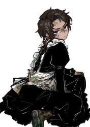 Rule 34 | 1boy, anger vein, apron, black dress, boots, brown hair, dark-skinned male, dark skin, dirty, dirty clothes, dirty face, dress, frilled apron, frills, heathcliff (project moon), highres, limbus company, maid, maid apron, project moon, purple eyes, shan23852196, simple background, solo, white background