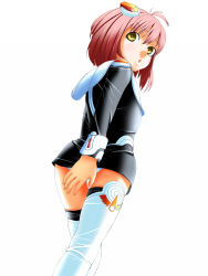 Rule 34 | 1girl, ass, bad id, bad pixiv id, boots, commentary request, hair ornament, long sleeves, m.o.m.o., panties, pantyshot, pink hair, short hair, solo, thigh boots, thighhighs, three eyes man be falcon, underwear, xenosaga, xenosaga episode i, yellow eyes