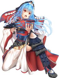 Rule 34 | 1girl, :o, ahoge, black legwear, blue hair, bowgun, dress, full body, gluteal fold, high heels, holding, holding weapon, koga (oshiro project), long hair, looking at viewer, official art, on one knee, open mouth, oshiro project:re, oshiro project:re, red eyes, solo, transparent background, v-shaped eyebrows, weapon, yappen